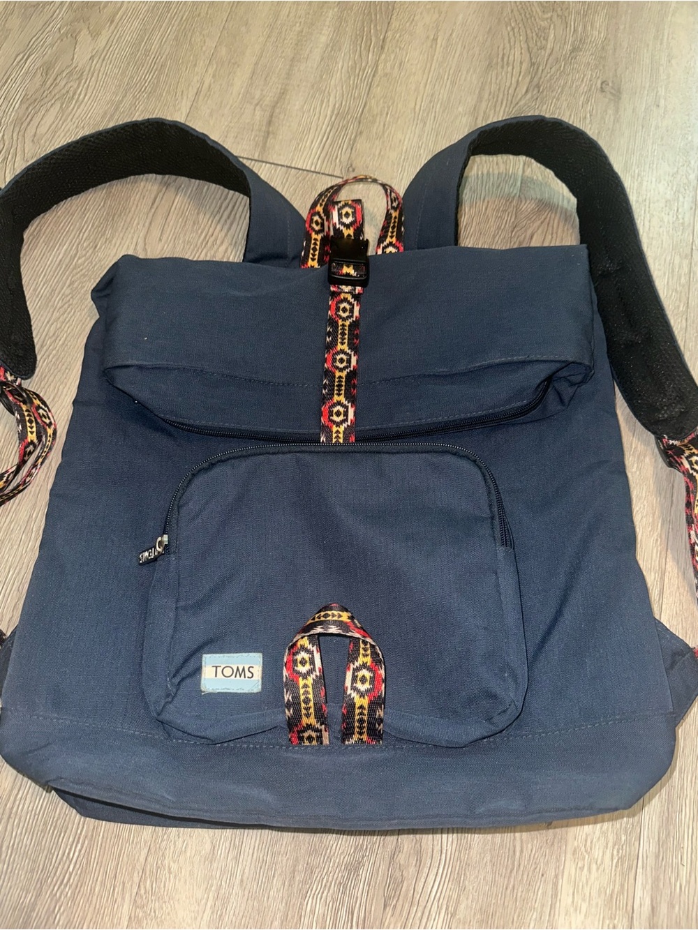 TOMS Stand Up Navy Blue Backpack Bag with Tribal Strap Accents
